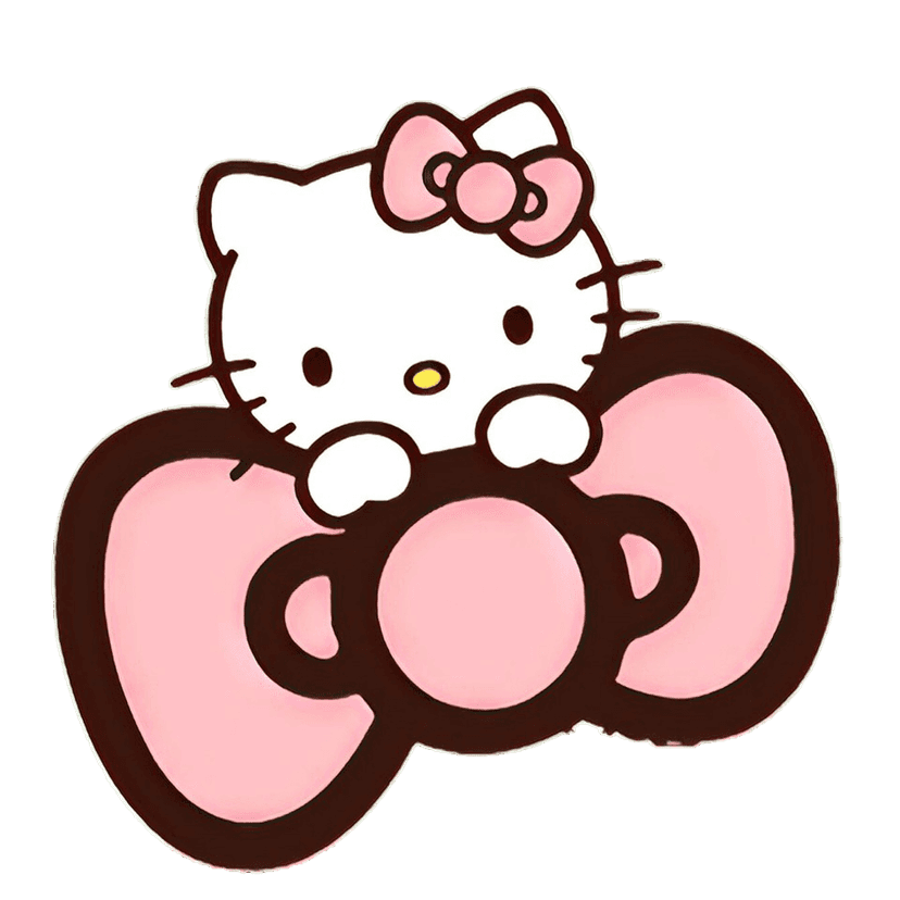 Hello Kitty illustration wearing a large pink bow on her head, featuring a white face and yellow nose.