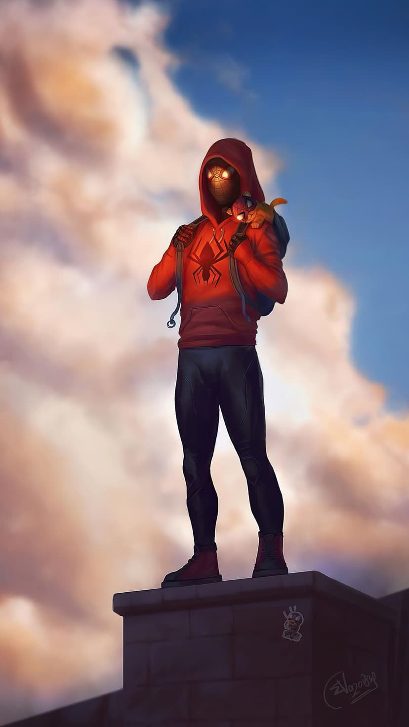 Miles Morales in a red hoodie and mask stands on a rooftop ledge with a small spider-bot during a golden sunset.