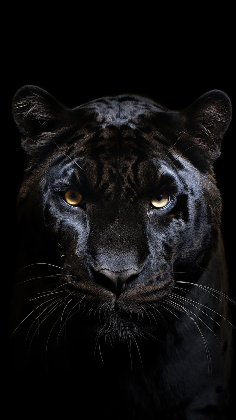 Black panther with glowing yellow eyes stares forward from deep shadows, highlighting sleek facial details.