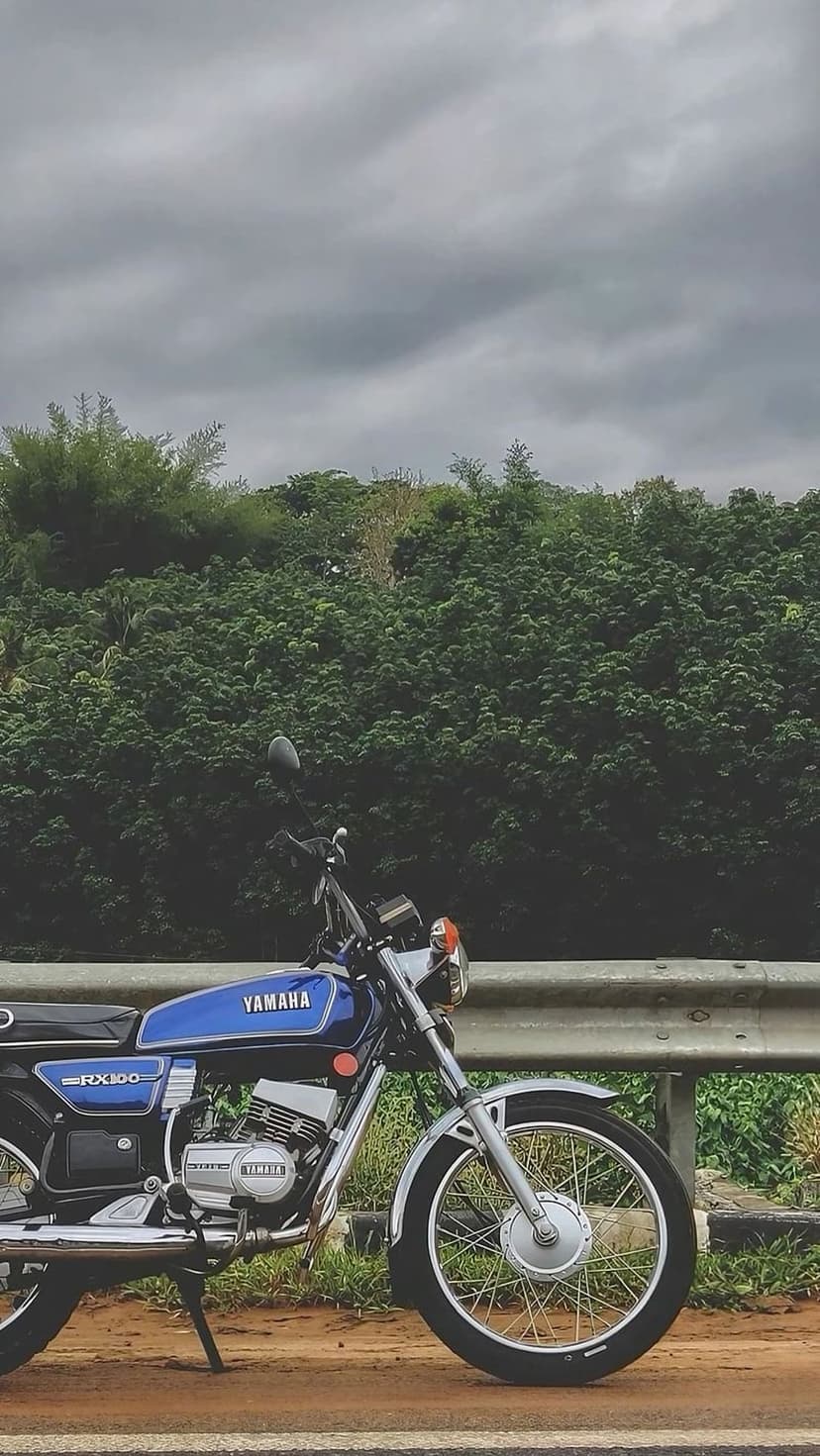 Blue Yamaha RX100 motorcycle parked beside a lush green forest with chrome engine details under a cloudy sky.