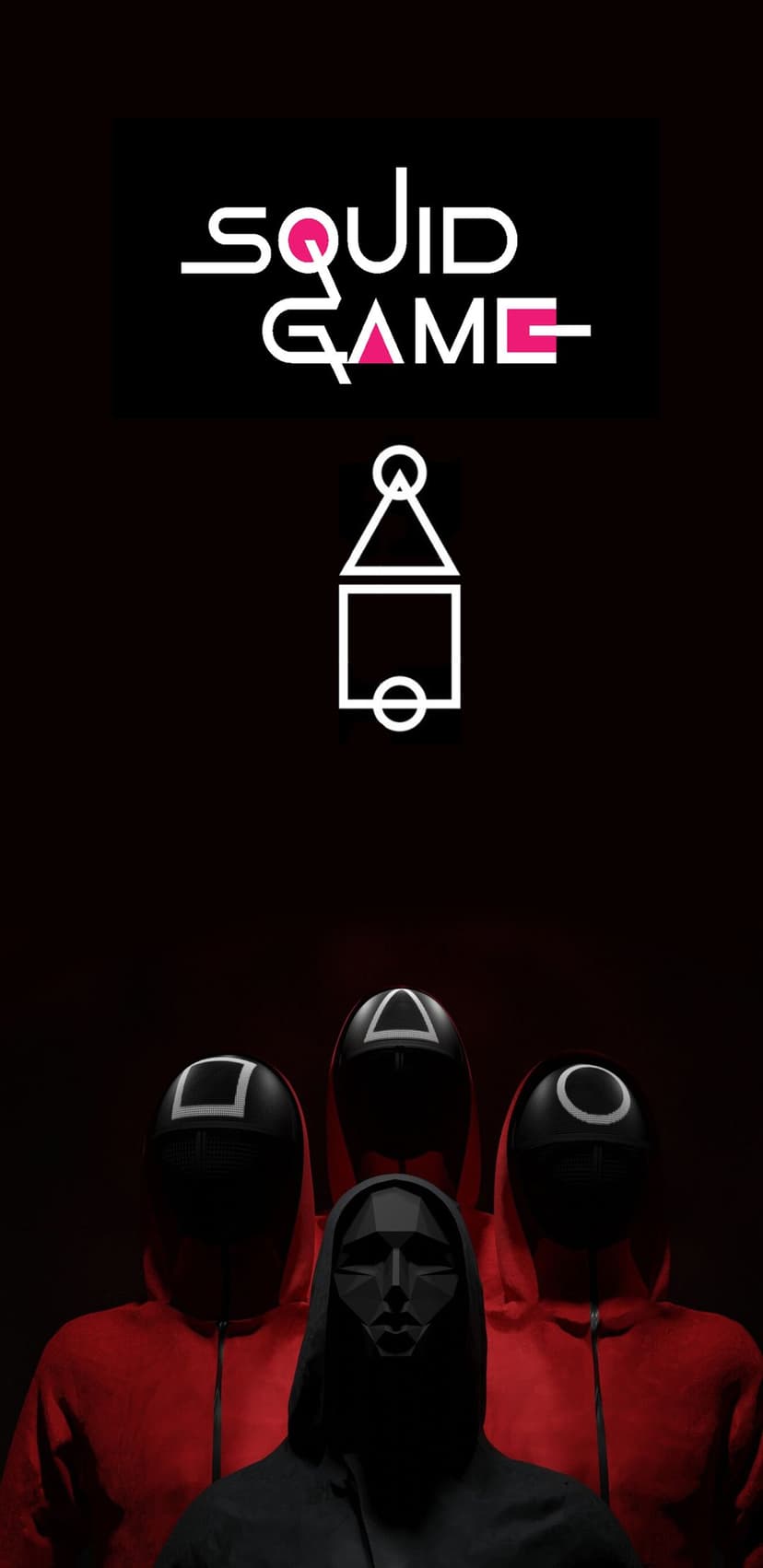Masked guards in red jumpsuits stand below a black logo with geometric circle, triangle, and square symbols.