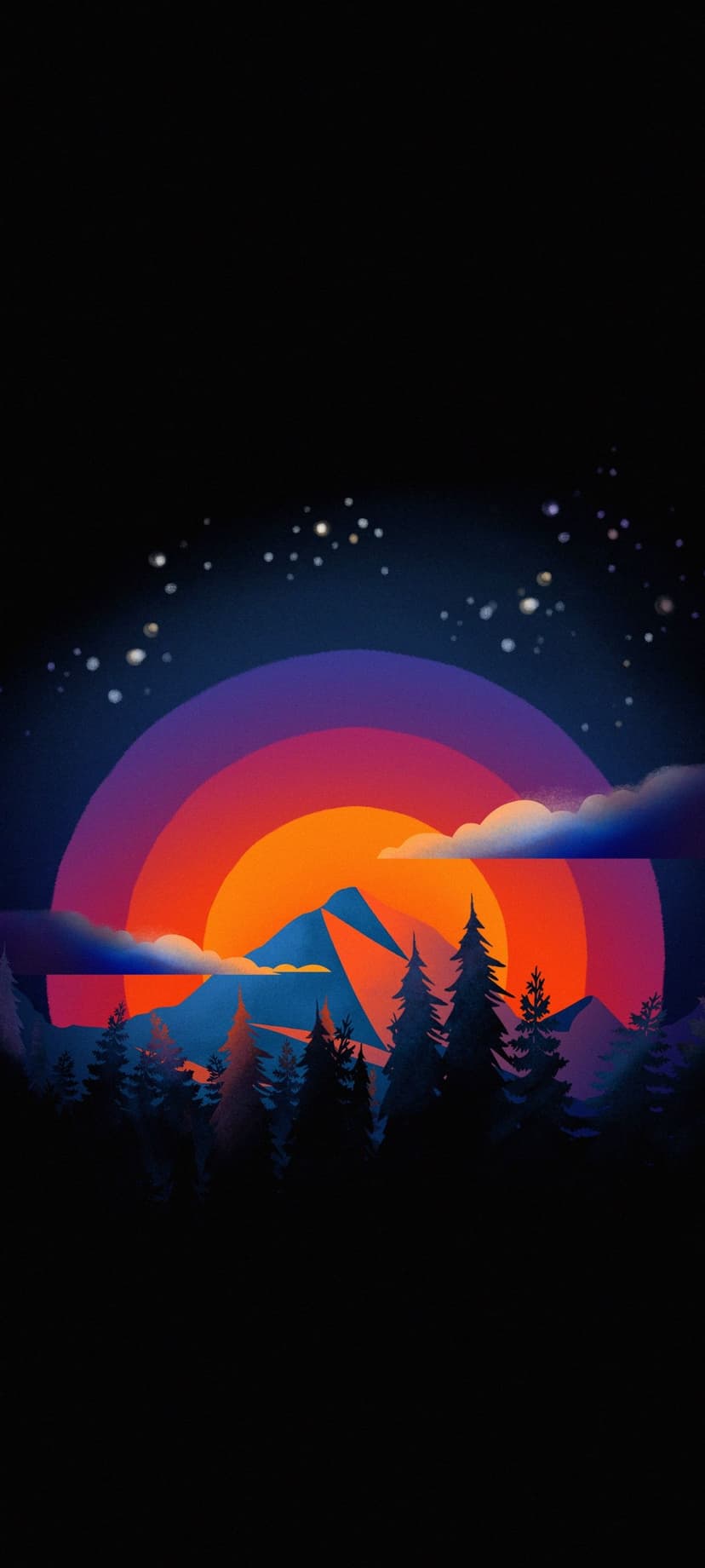 Silhouetted pine trees and mountains against a sky of concentric orange and purple arcs with glowing white stars.