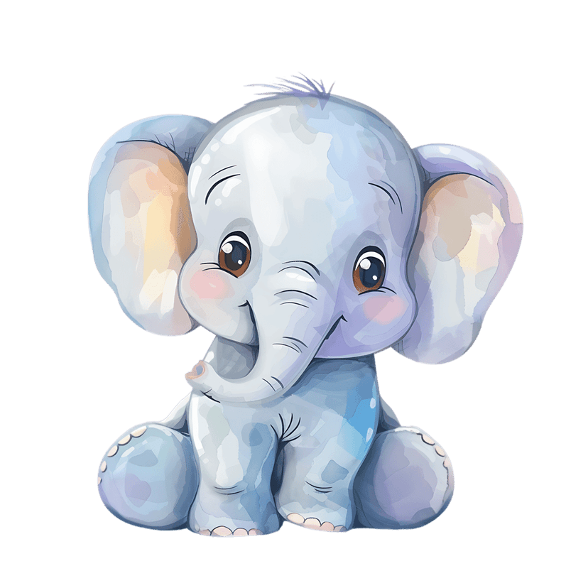 Baby elephant watercolor illustration sitting down featuring large ears, pink cheeks, and dark expressive eyes.