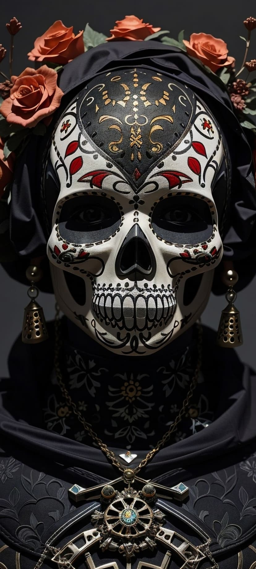 Sugar skull mask featuring red patterns, orange rose headdress, and gold necklaces against a dark background.