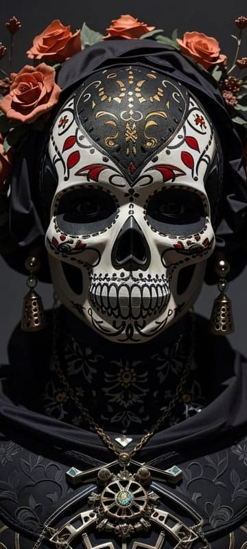 Day of the Dead Skull Mask with Roses and Jewelry
