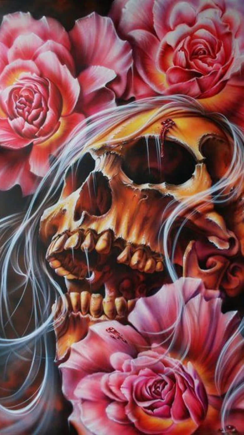 Human skull intertwined with blooming pink roses and flowing silk ribbons against a dark, moody background.