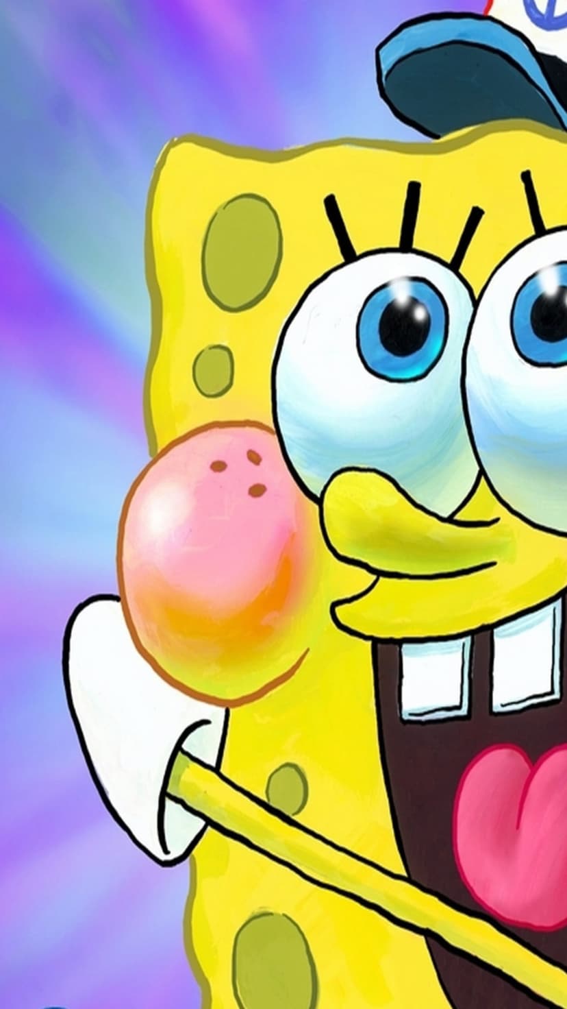 SpongeBob SquarePants with wide blue eyes and a pink bubble on his face against a radiating purple background.