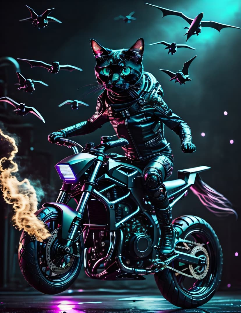 Black cat wearing a leather biker suit rides a glowing futuristic motorcycle under a swarm of flying bats.