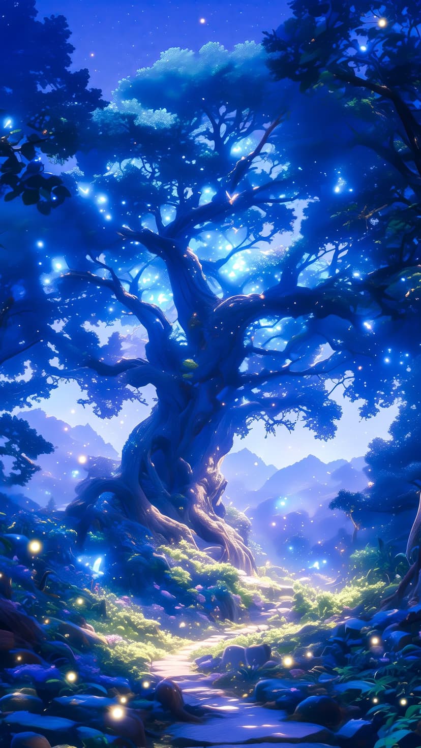 Ancient tree surrounded by glowing orbs and stars under a deep blue midnight sky in a vertical forest scene.