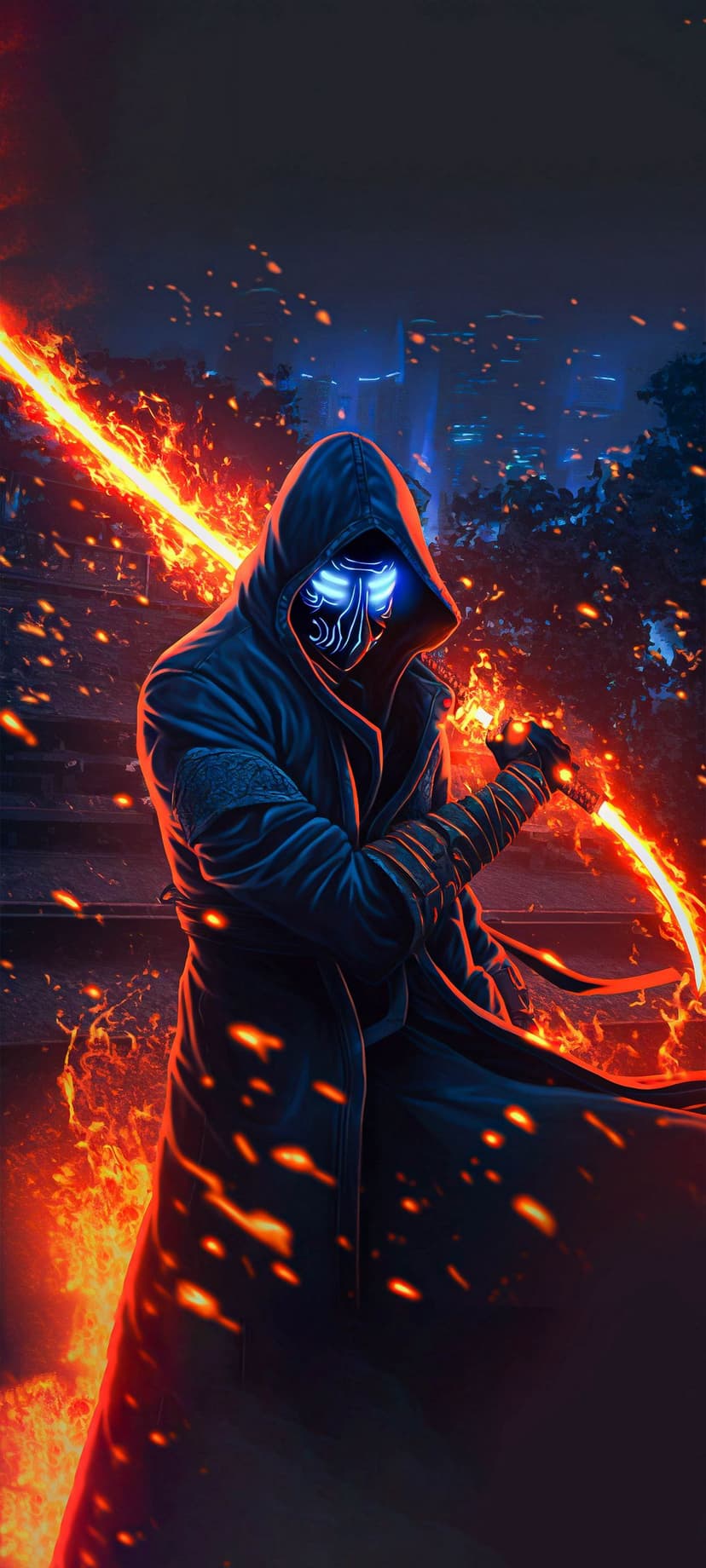 Hooded figure in an ornate glowing mask grips a flaming orange sword amidst a blurred neon cyberpunk cityscape.