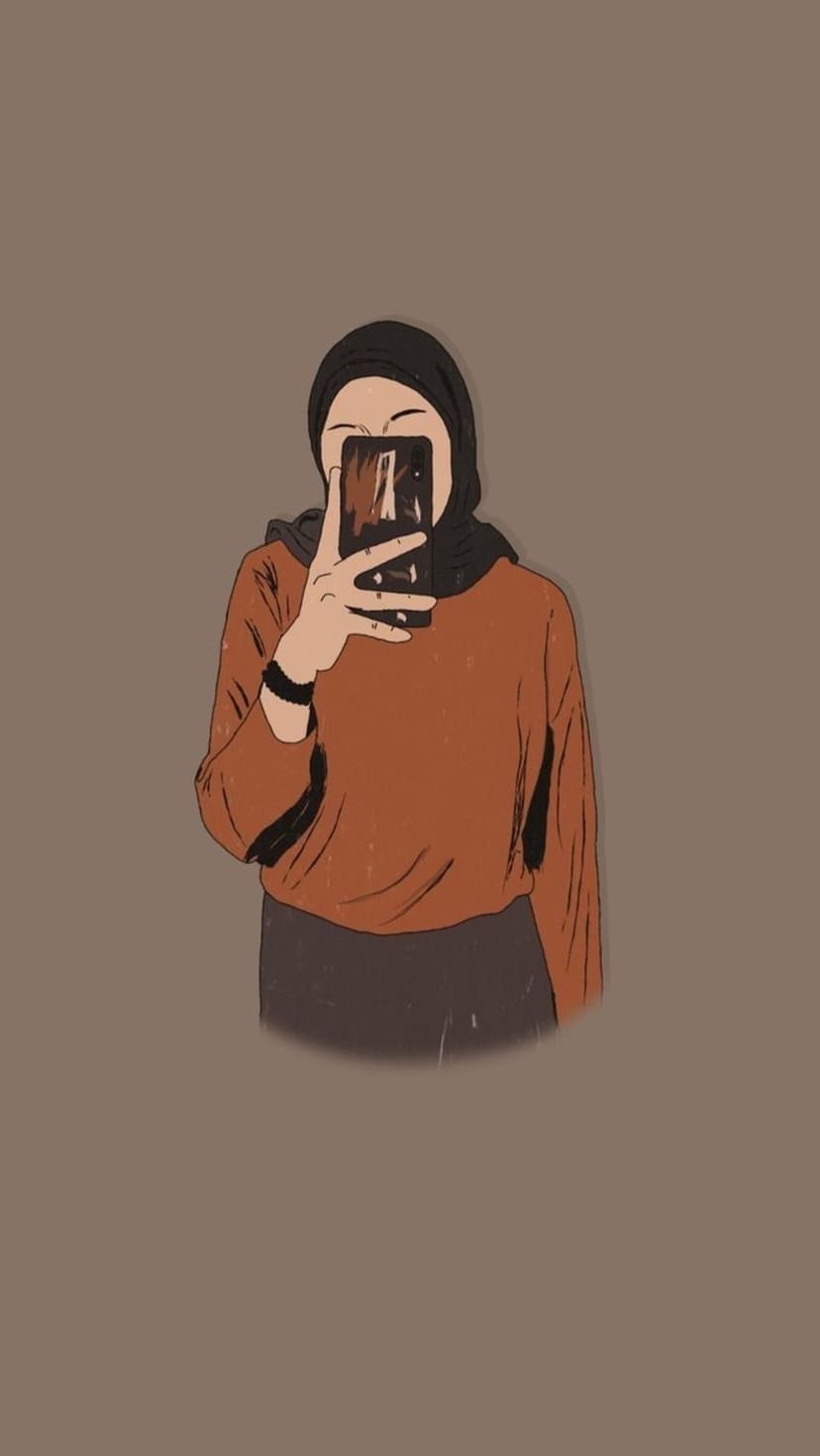 Muslim woman in a black hijab and rust sweater takes a selfie while making a peace sign against a brown backdrop.