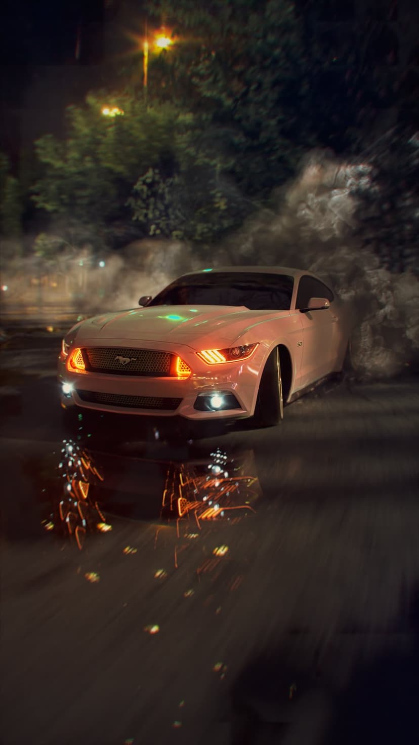 White Ford Mustang drifts on wet asphalt at night amidst thick tire smoke and glowing green and orange lights.