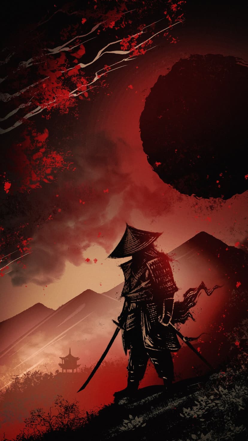Samurai warrior standing on a rocky cliff before a blood-red sky, a dark eclipse, and a distant pagoda.