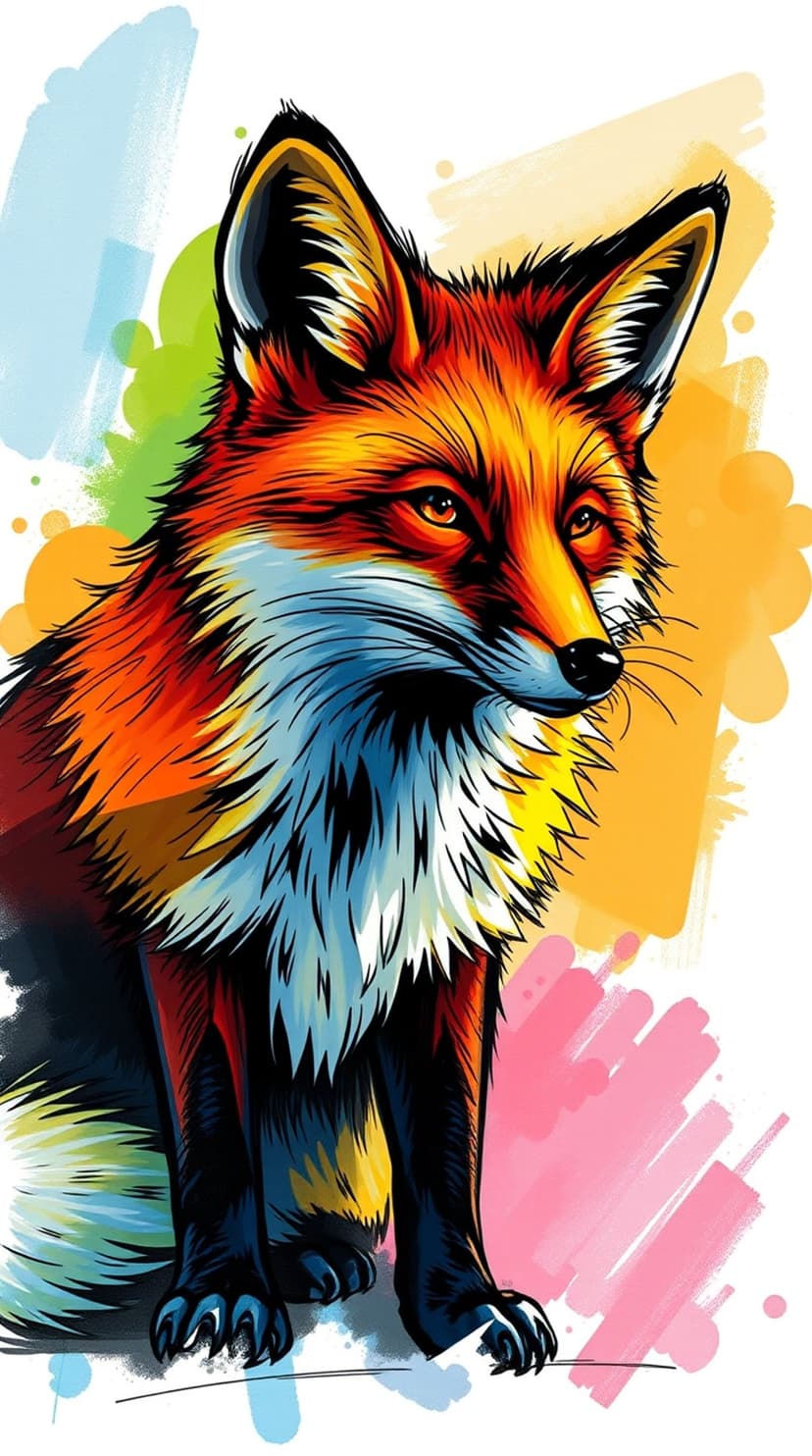 Red fox with attentive eyes sits calmly surrounded by vibrant blue and yellow paint splatters and brushstrokes.