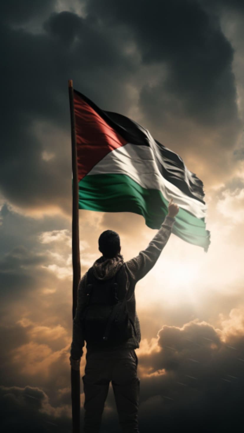Silhouetted person holds the Palestinian flag aloft under a dark, stormy sky with rays of light breaking through.
