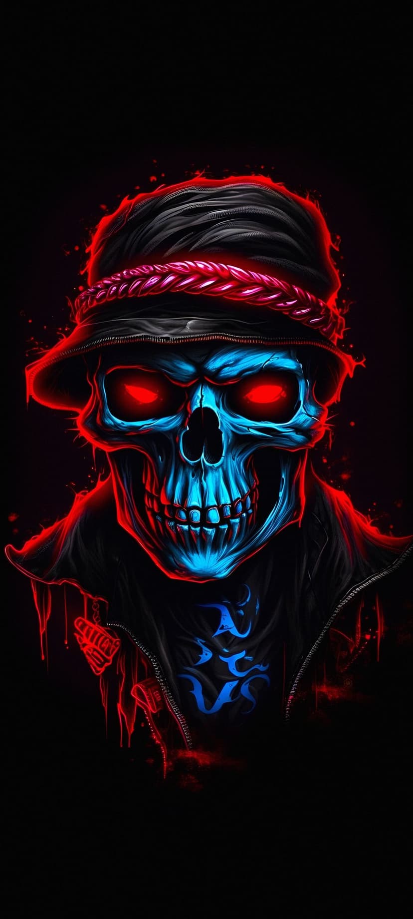 Skull wearing a hat with glowing red eyes and dripping neon accents creates a dark vertical phone background.
