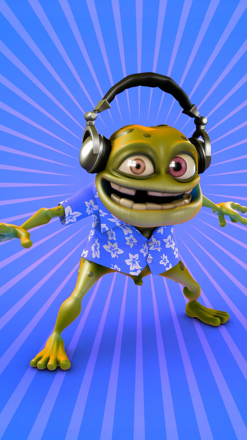 Crazy Frog wearing a blue floral Hawaiian shirt and silver headphones against a radial blue burst background.