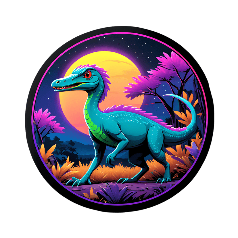 Blue dinosaur sticker illustration shows a teal creature with pink spikes against a moonlit night sky background.
