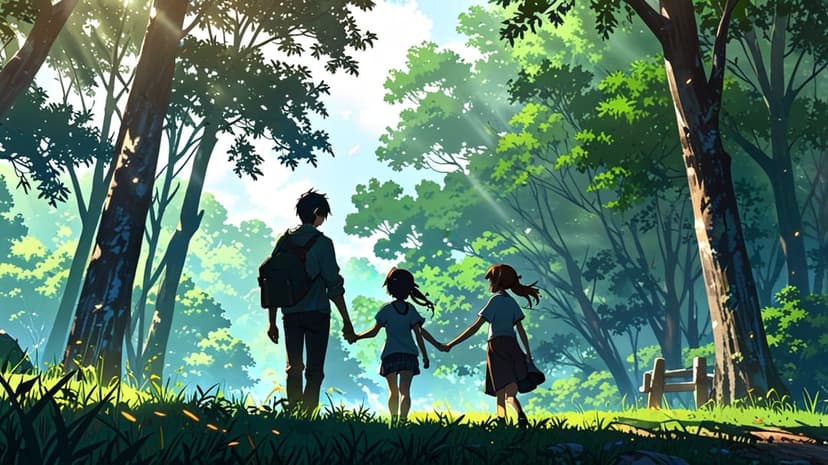 Father and two children walk hand-in-hand down a grassy forest trail illuminated by bright morning sunbeams.