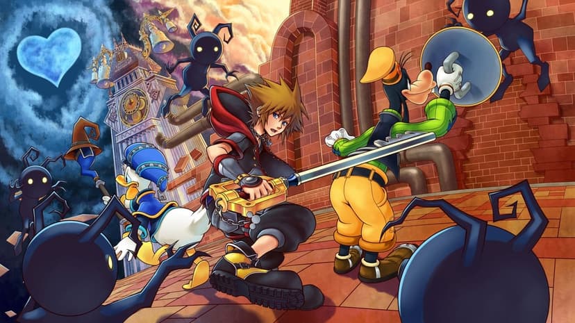 Sora, Donald, and Goofy battle shadow Heartless near a clock tower under a blue heart-shaped moon.