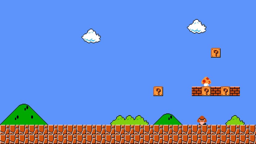 Classic 8-bit Super Mario Bros scene featuring a Goomba, mushroom, and question blocks against a bright blue sky.