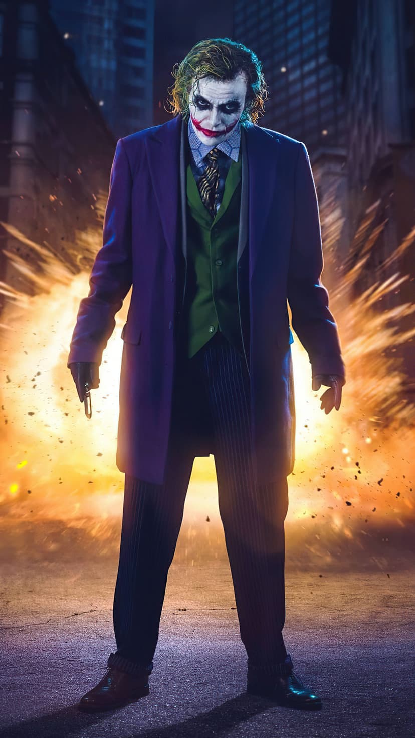 The Joker in a purple coat stands before fiery city explosions with green hair and smudged white face makeup.