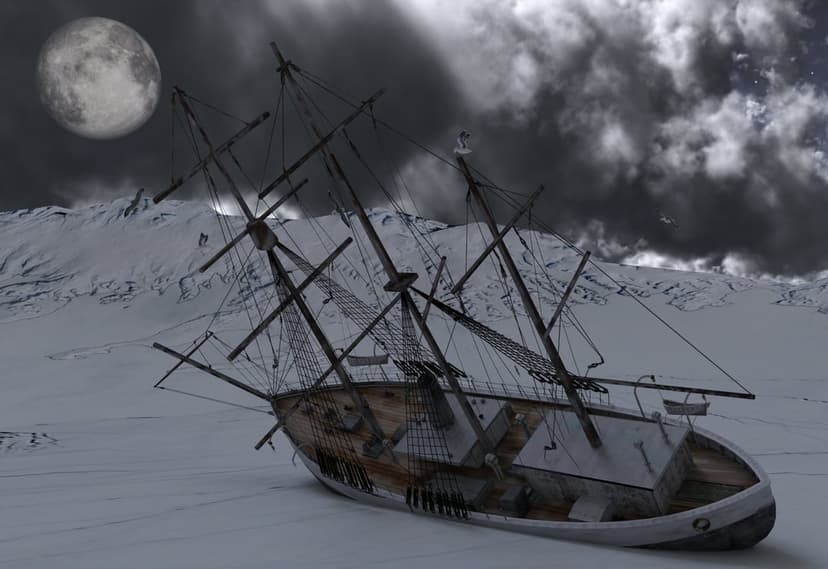 Ancient wooden ship with broken masts remains trapped in jagged arctic ice under a bright midnight moon.