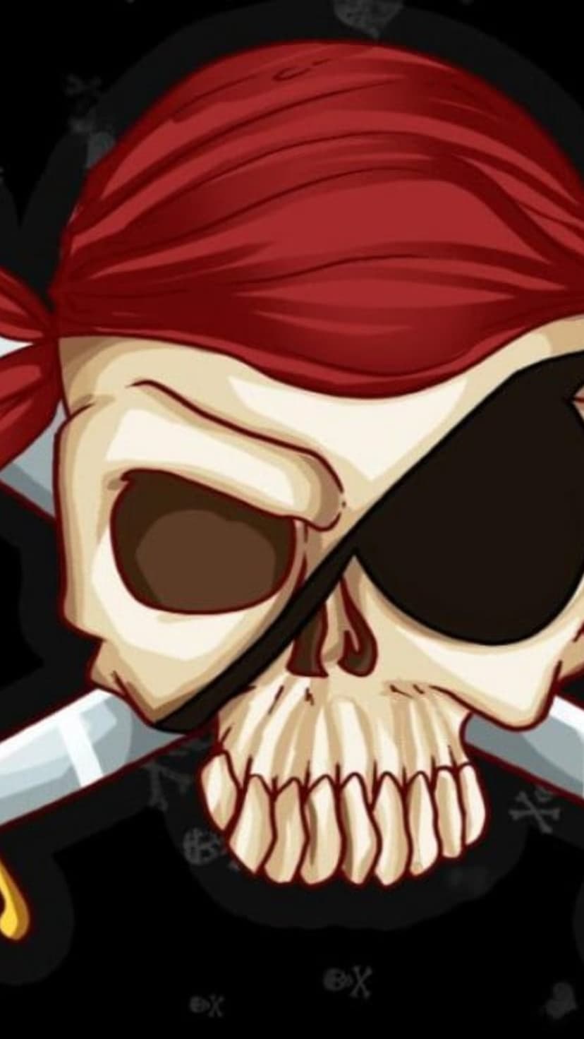 Pirate skull wearing a red bandana and eyepatch centered over crossed swords with a subtle bone pattern background.