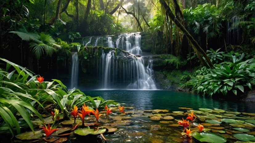 Crystalline waterfall pouring into a turquoise pool surrounded by dense green jungle foliage and orange flowers.