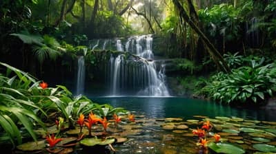 Lush Tropical Waterfall Oasis with Vibrant Orange Flowers