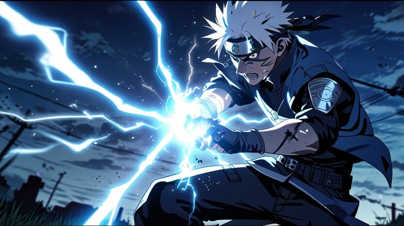 Naruto Uzumaki lunges forward while holding a glowing blue lightning bolt against a dark, spark-filled night sky.