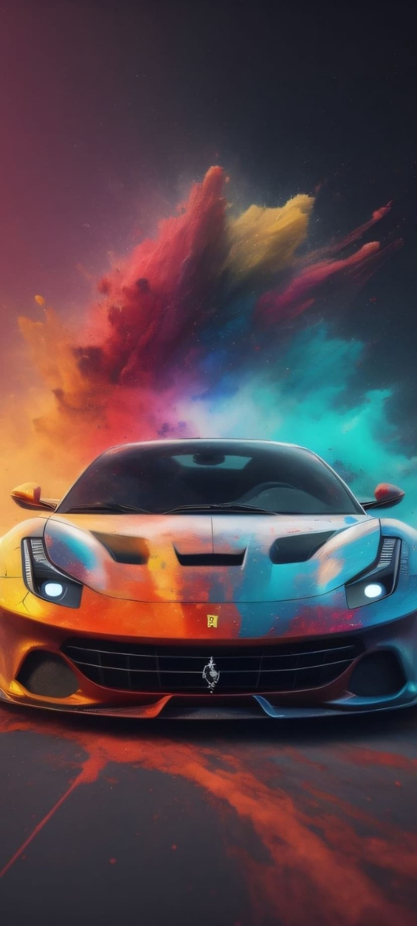 Red Ferrari supercar surrounded by exploding clouds of pink, orange, and blue paint in a vertical composition.