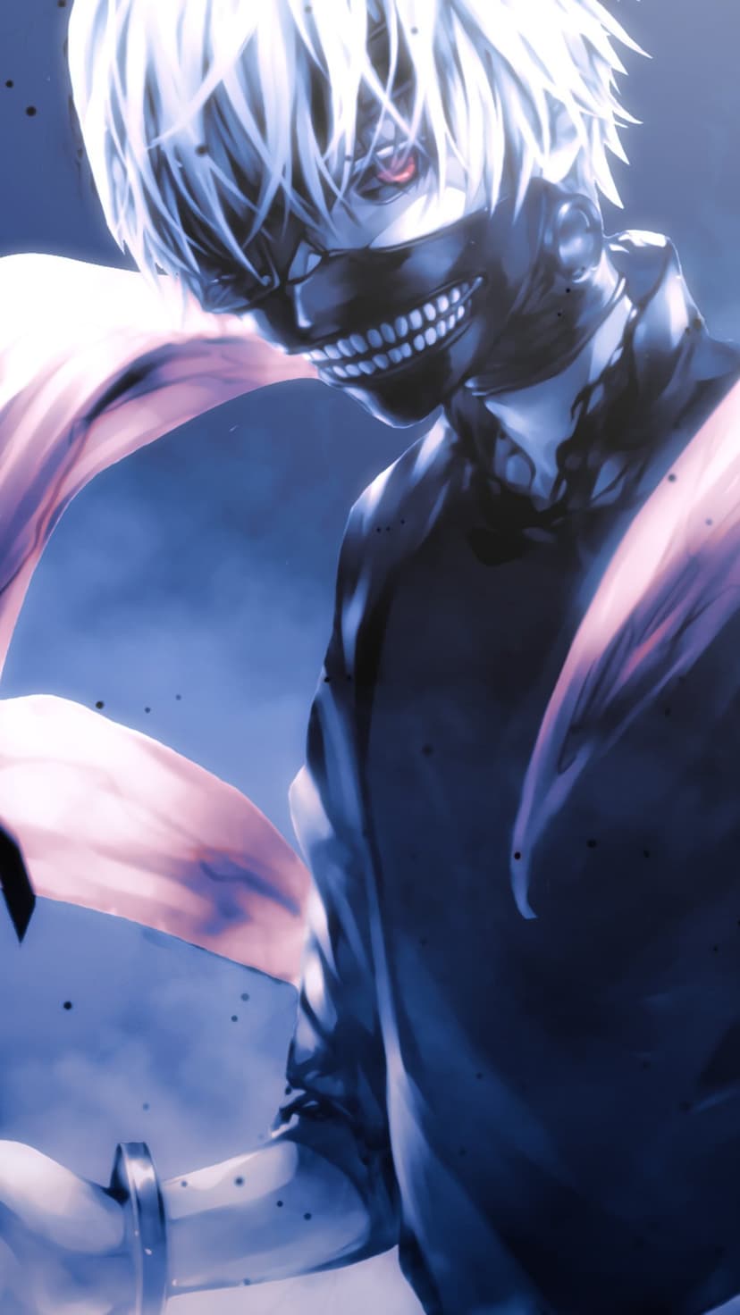 Ken Kaneki with white hair and a single red eye wears a black mask while red kagune swirls in blue smoke.
