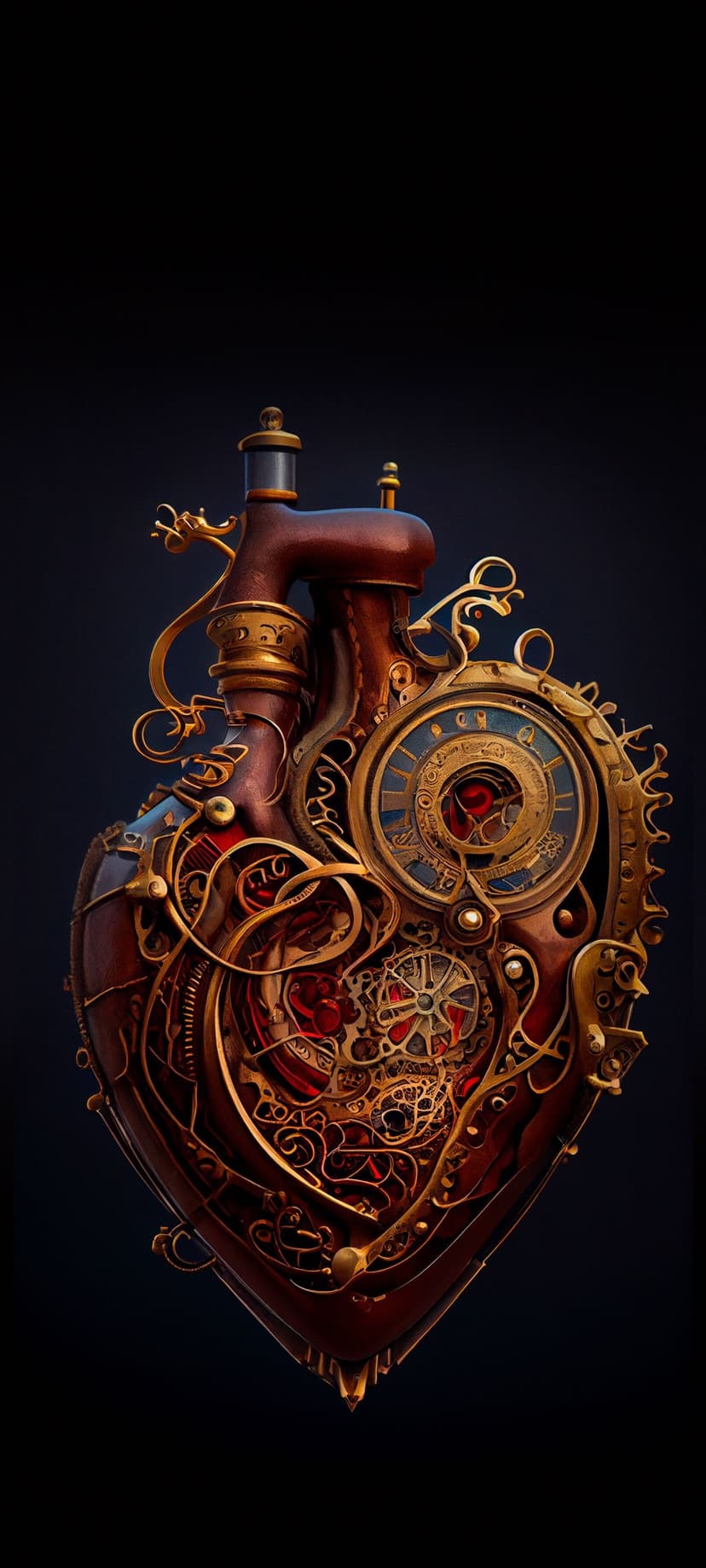 Steampunk heart made of brass gears and polished wood with a central red clock face on a dark background.