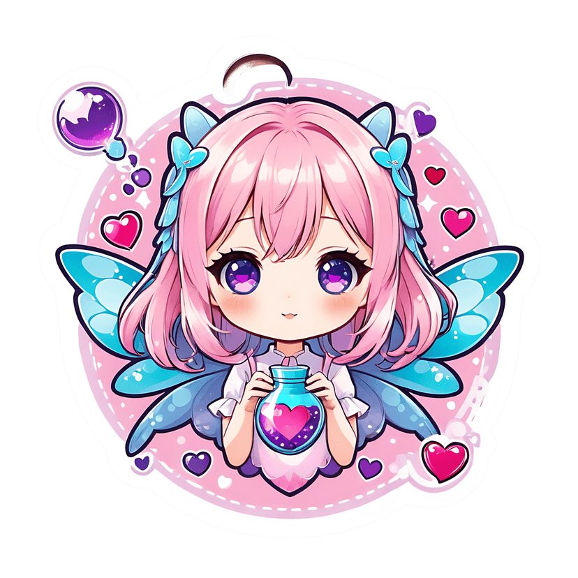 Chibi fairy girl sticker with pink hair and blue wings holding a glass potion bottle inside a circular frame.