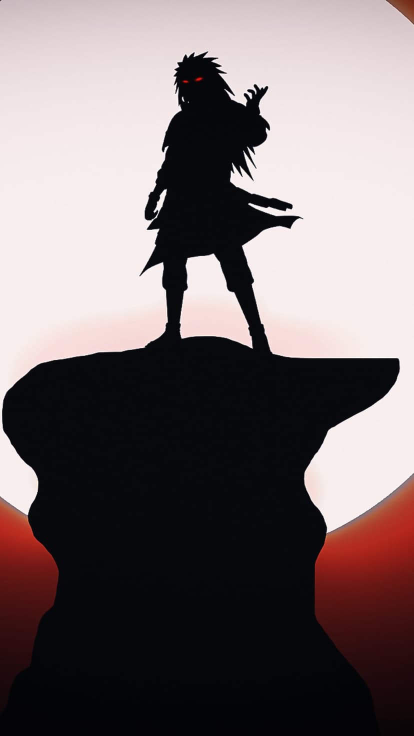 Madara Uchiha silhouette with glowing red eyes stands on a rock before a large white and red celestial sphere.