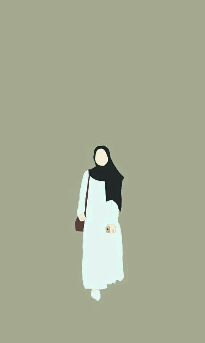 Muslim woman wearing a black hijab and light blue abaya holds a phone against an olive green background.