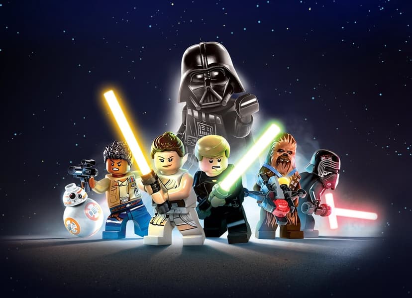 Rey, Luke Skywalker, and Lego Star Wars characters holding glowing lightsabers against a dark starry galaxy.
