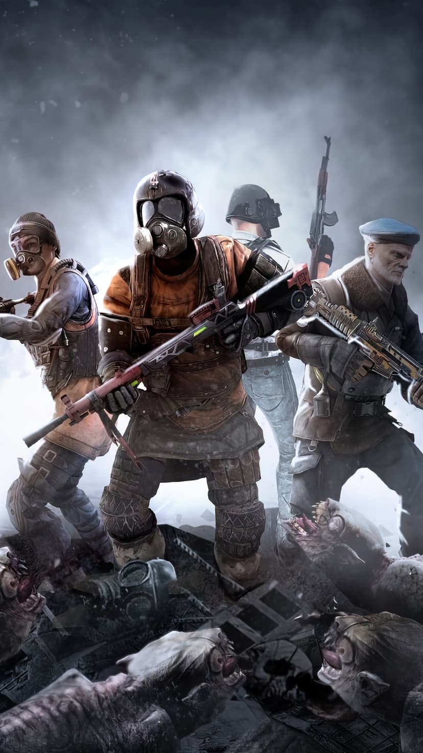 Four post-apocalyptic soldiers in gas masks stand over defeated mutants in a smoky and frozen wasteland.