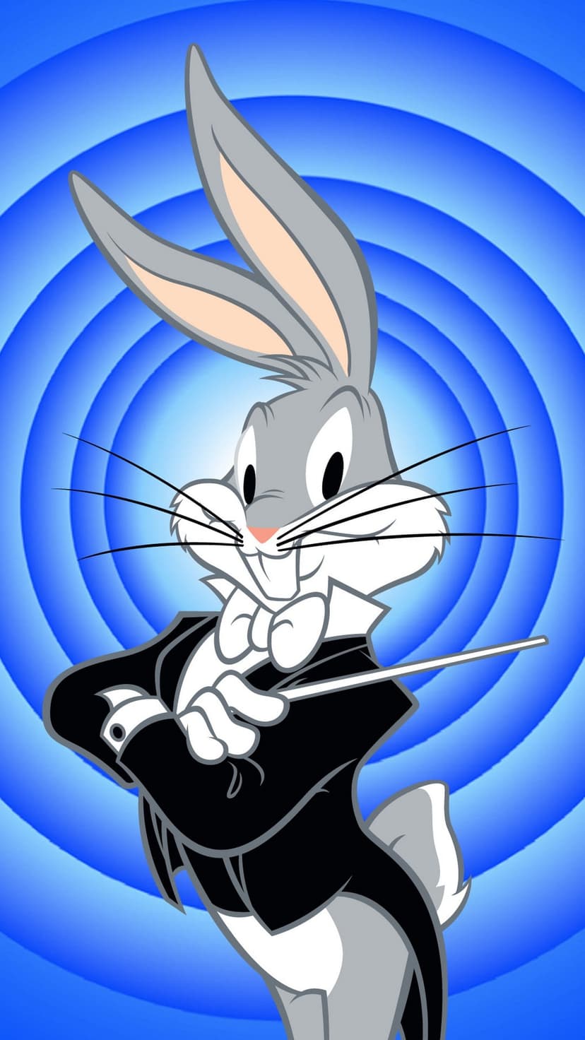 Bugs Bunny wears a black tuxedo and holds a conductor baton against a series of concentric blue circles.