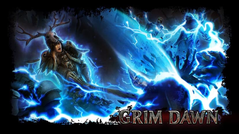 A Shaman with an antlered skull headdress casts bright blue lightning against undead enemies in a dark forest.