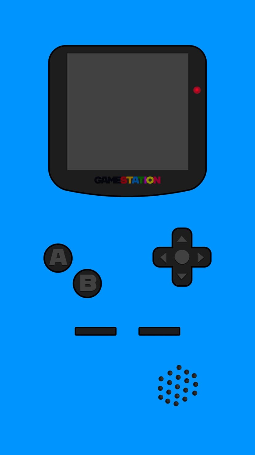 Black retro game console with a rainbow logo and red power light centered on a vibrant solid blue background.