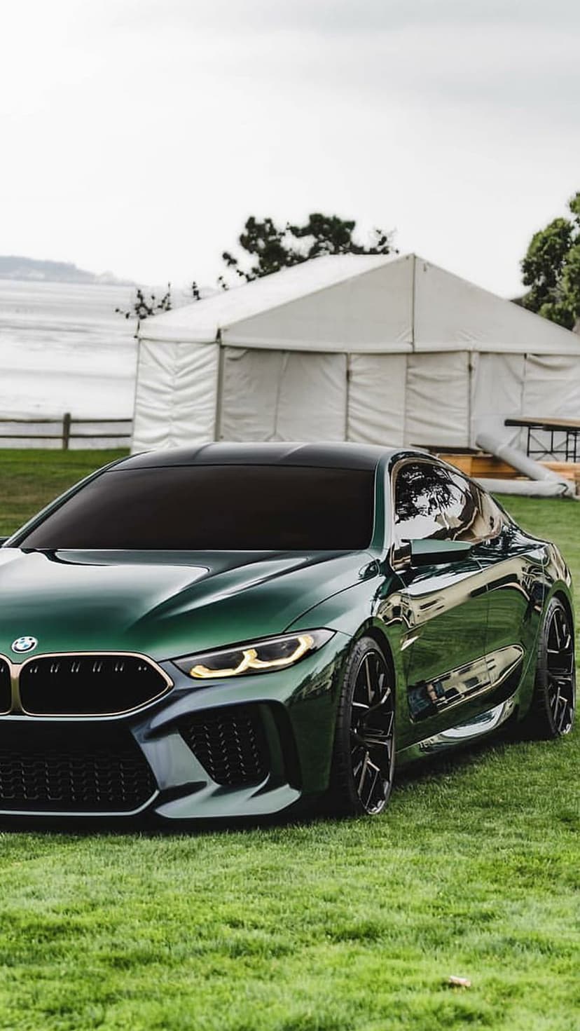 BMW M8 Coupe in emerald green parked on a lush lawn with a glossy finish reflecting the outdoor environment.