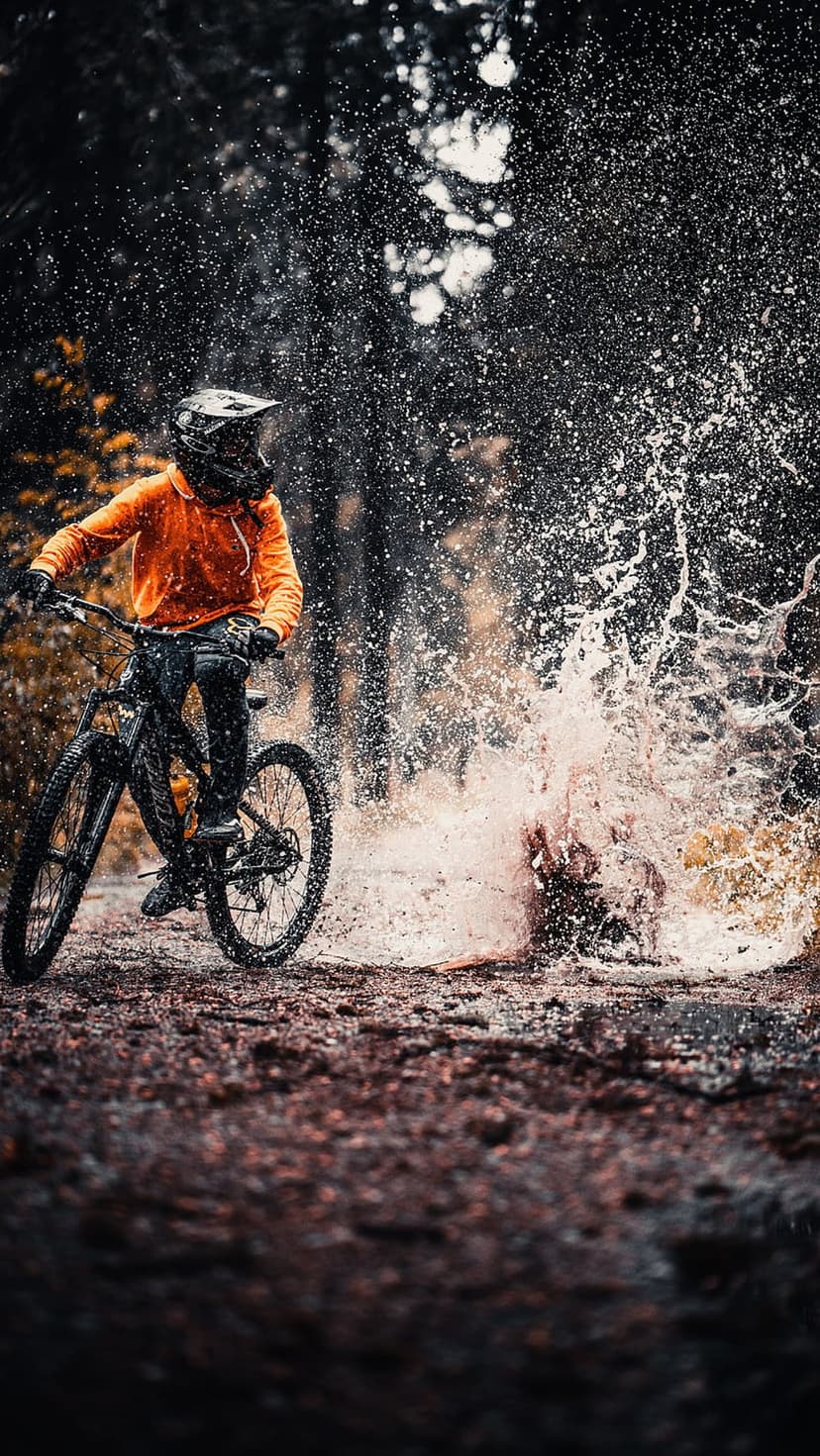 Mountain biker in an orange hoodie splashes through a forest puddle with dramatic motion blur on a dark trail.