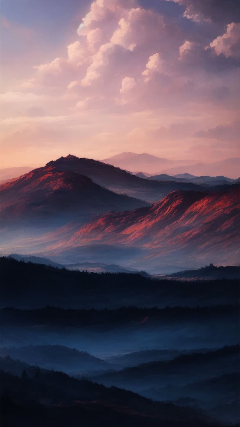 Layered mountain peaks glow with red sunlight under a pink and blue dawn sky filled with thick white mist.