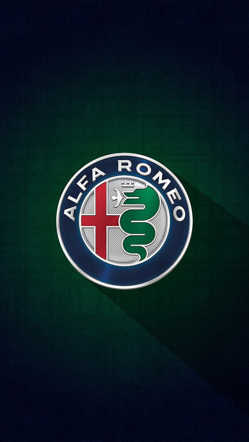 Alfa Romeo logo with a red cross and green snake on a dark green textured surface with subtle metallic highlights.