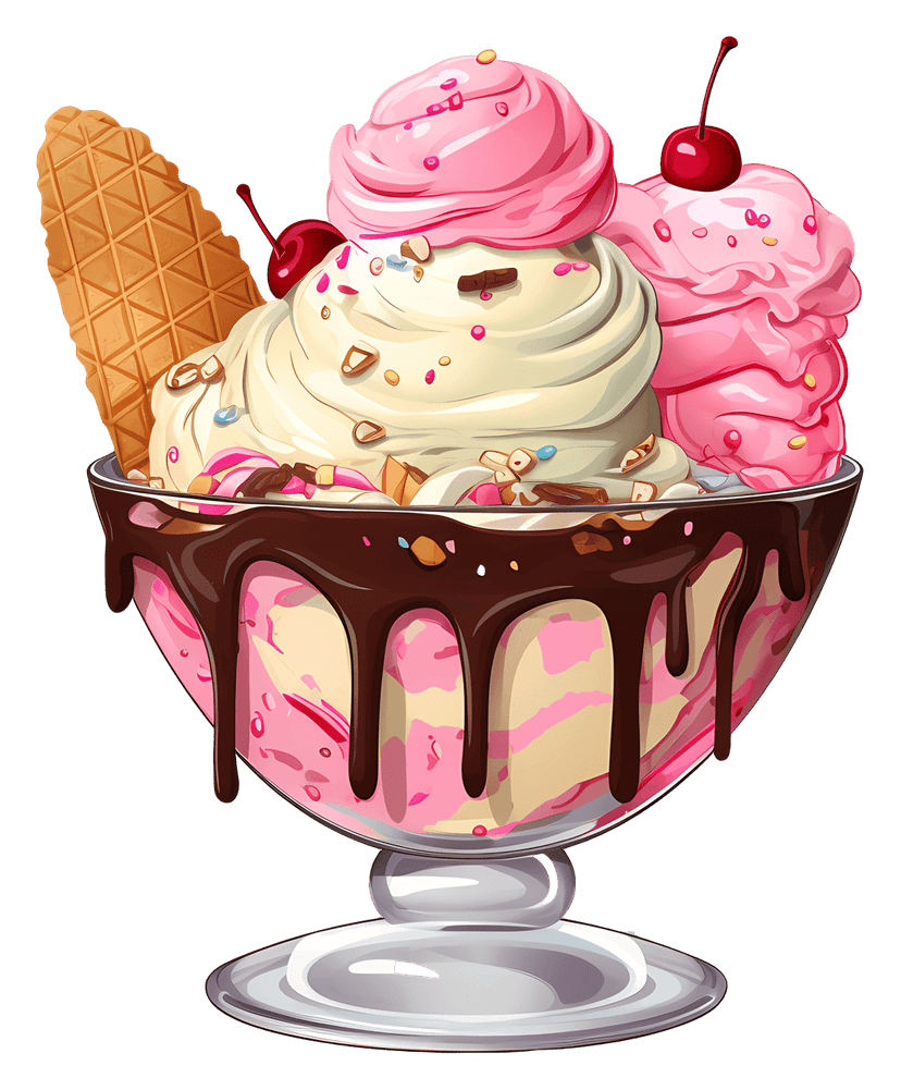 Ice cream sundae in a white bowl with colorful scoops, chocolate syrup, cherry garnish, and waffle pieces.