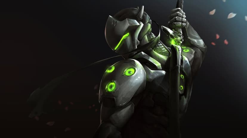 Cyborg ninja in silver armor with glowing green lights holding a katana against a dark background with petals.