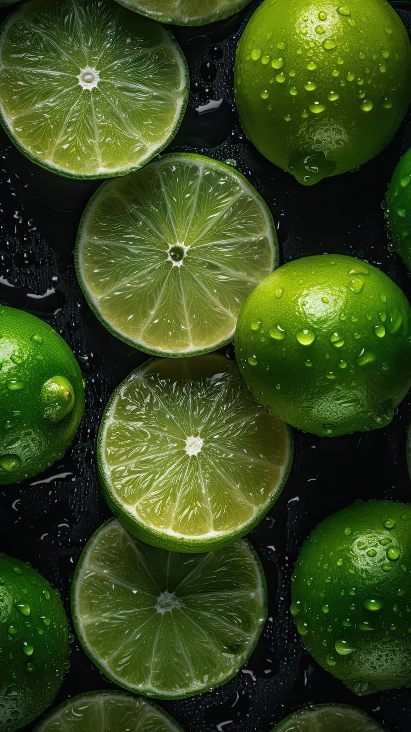 Sliced and whole limes covered in clear water droplets rest on a dark, textured surface in a top-down view.