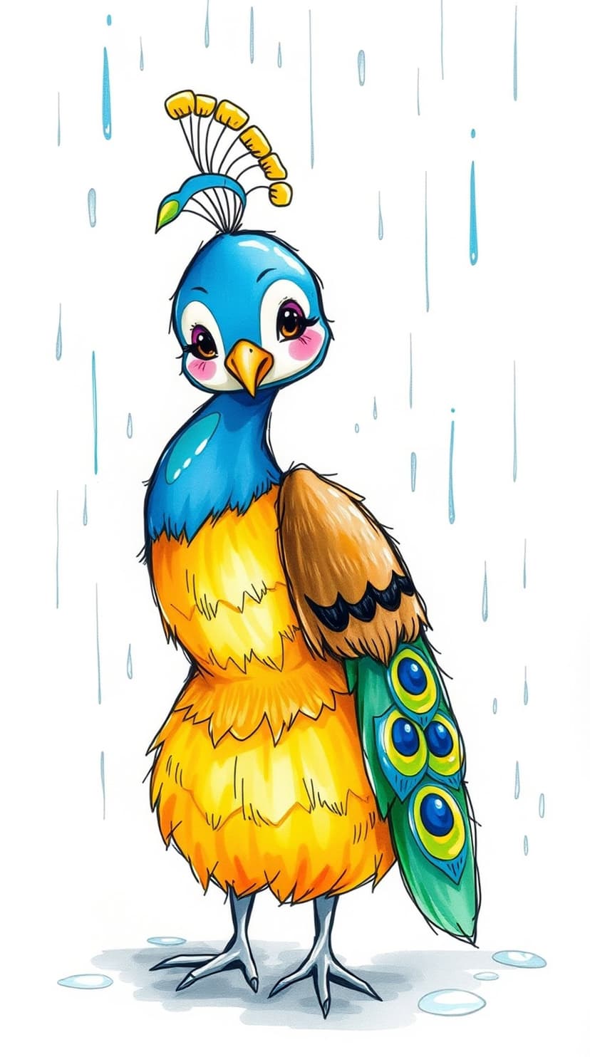 Blue cartoon peacock with yellow feathers stands under falling raindrops, showing a single patterned tail feather.
